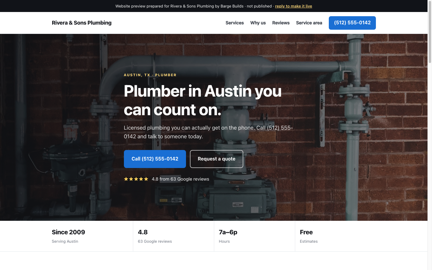 Example of a finished website built by Barge Builds for a plumbing company
